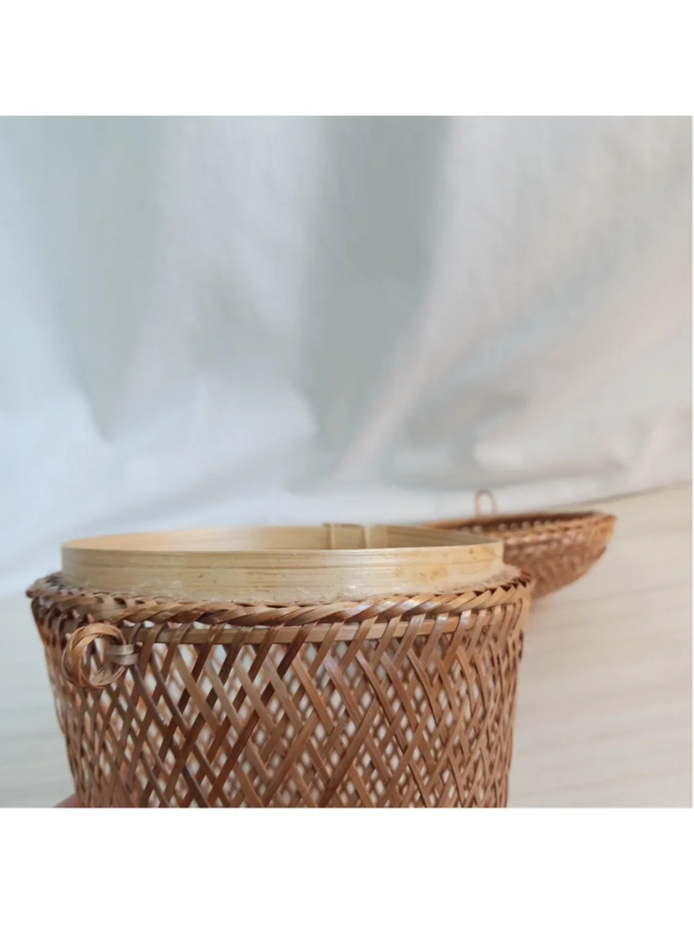 Vintage Hand Woven Bamboo Small Basket Hinged Lid Delicate Rattan